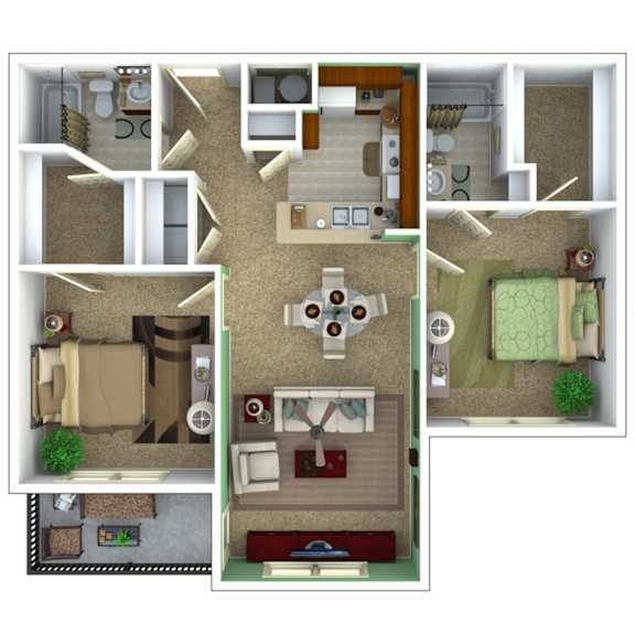 A 3D floor plan of a house with a kitchen, living room, and bedrooms.
