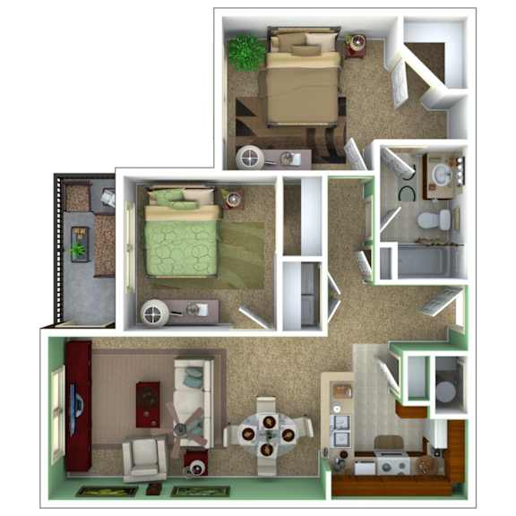 A 3D floor plan of a small apartment with a kitchen, living room, and bathroom.