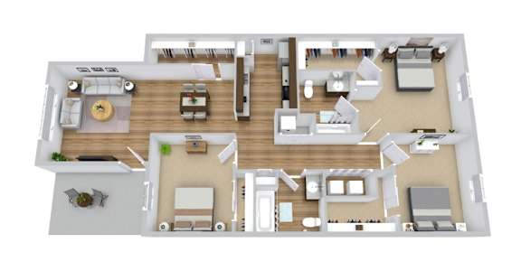 A floor plan of a house with a living room, dining room, kitchen, and two bedrooms.