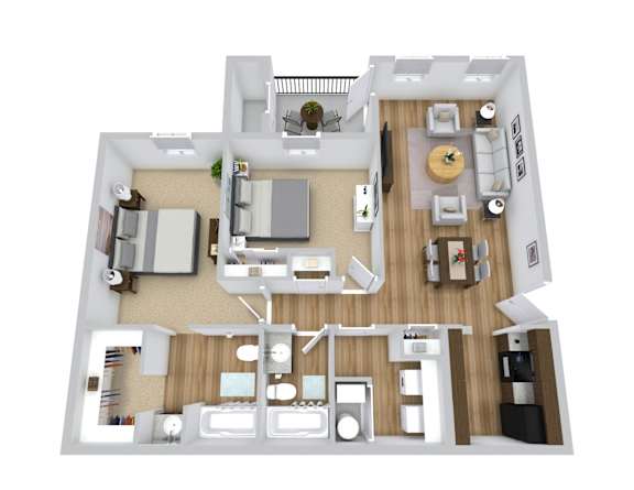 A 3D floor plan of a 2 bedroom apartment