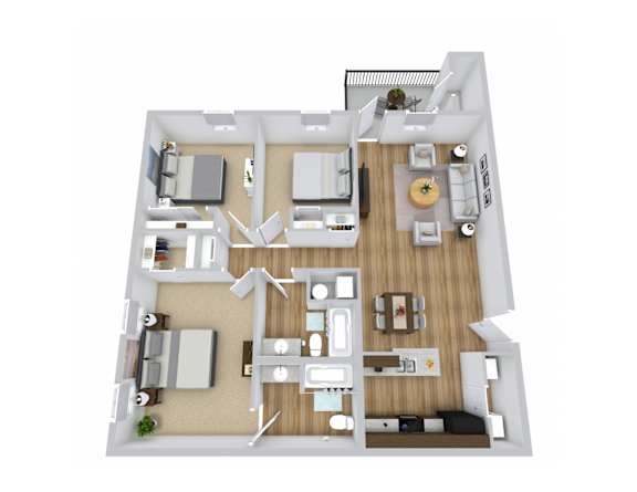 a 3d floor plan of a 3 bedroom apartment