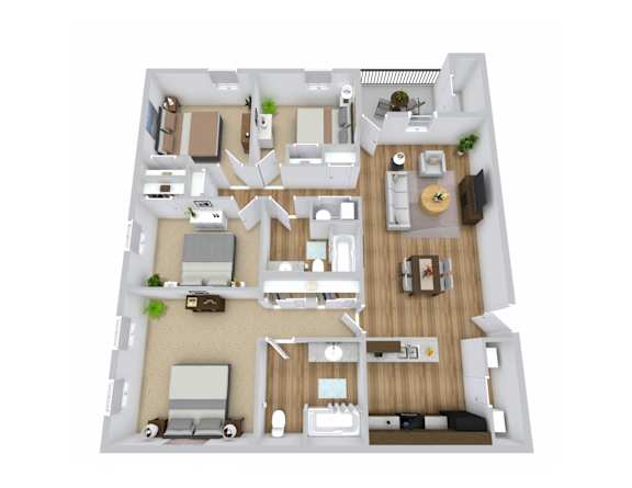 a 3d floor plan of a 4 bedroom apartment