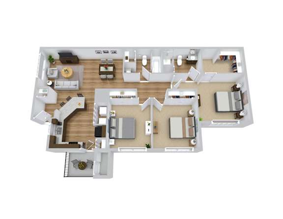 A 3D floor plan of a house with a kitchen, living room, and bedrooms.