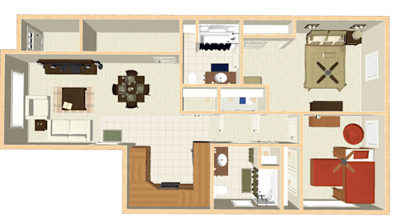 A floor plan of a house with a living room, kitchen, and bathroom.
