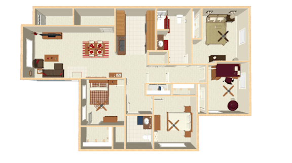 A floor plan of a 4 bedroom apartment