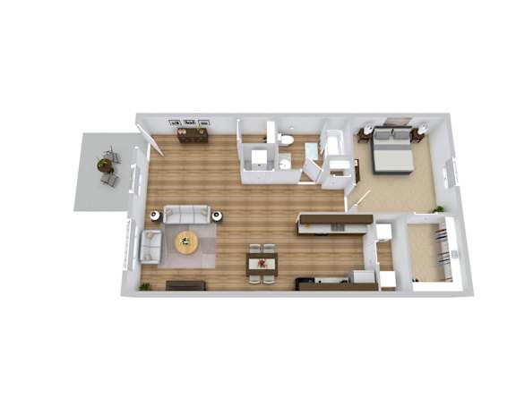 a 3d floor plan of a 1 bedroom apartment
