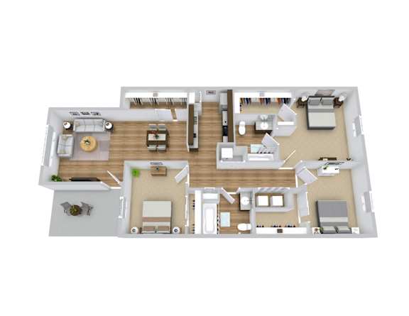 a 3d floor plan of a 3 bedroom apartment