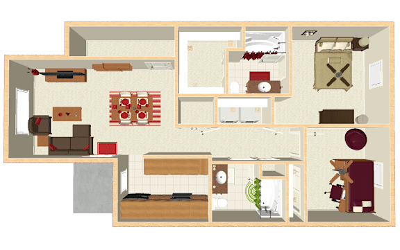 An apartment floor plan image with a kitchen, living room, and two bedrooms.