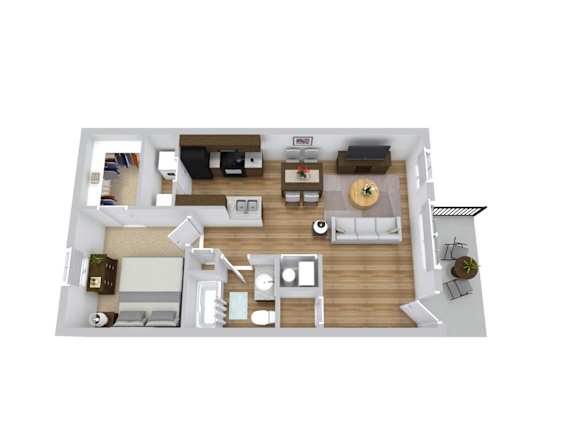 a 3d floor plan of a 1 bedroom apartment