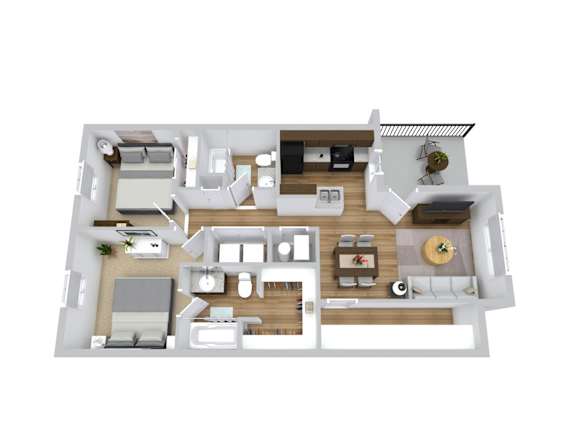 A 3D floor plan of a 2 bedroom apartment