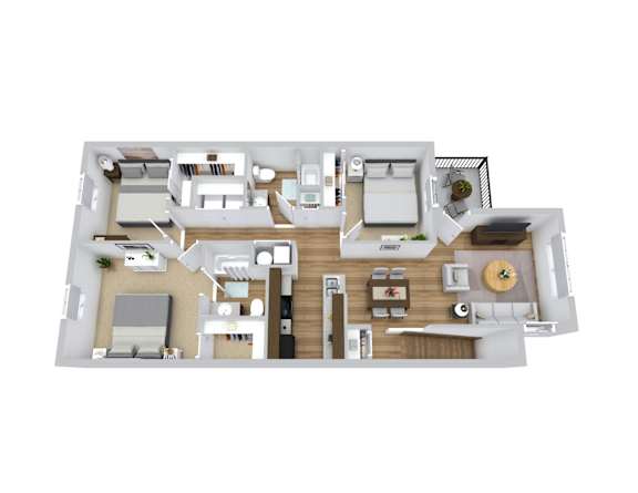 a 3d floor plan of a 3 bedroom apartment