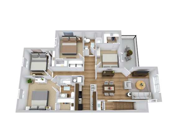 a 3d floor plan of a 4 bedroom apartment