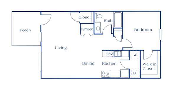 A floor plan of a house with a porch, living room, dining room, kitchen, and bedroom.