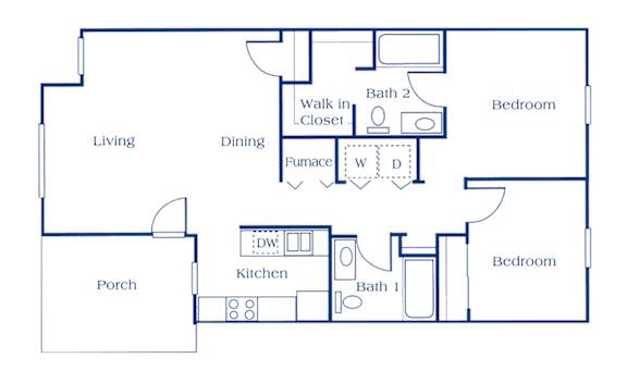 A floor plan of a house with a living room, dining room, kitchen, two bathrooms, a porch, and two bedrooms.
