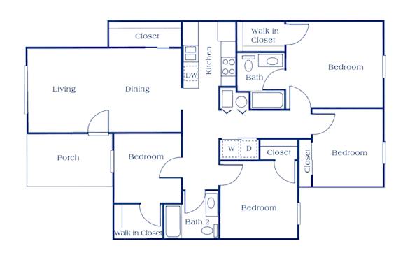 A blueprint of a house layout with labeled rooms.
