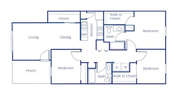 A floor plan of a house with a living room, dining room, kitchen, and three bedrooms.