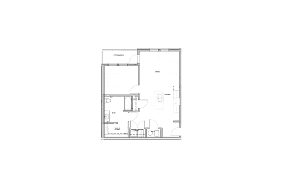 A floor plan of an apartment with a kitchen, living room, and one bedrooms.