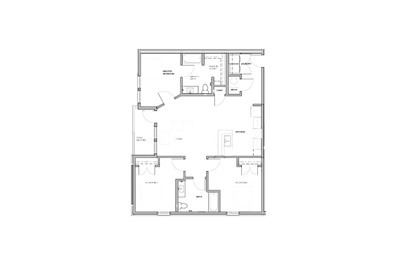 A floor plan of an apartment with a kitchen, living room, three bedrooms, and a bathroom.