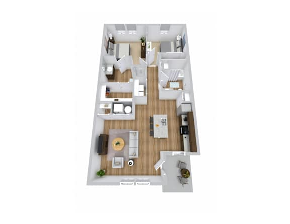 A 3D floor plan of a 2 bedroom apartment
