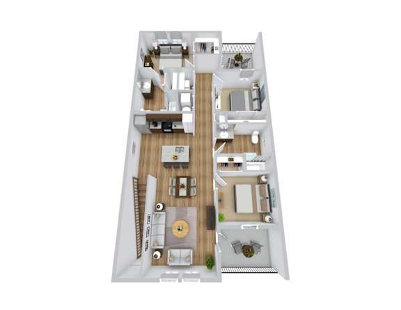 a 3d floor plan of a 3 bedroom apartment