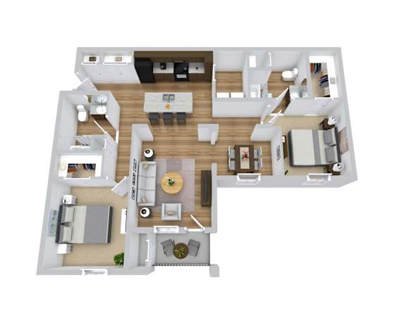 A 3D floor plan of a 2 bedroom apartment
