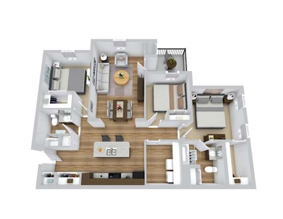 a 3d floor plan of a 3 bedroom apartment
