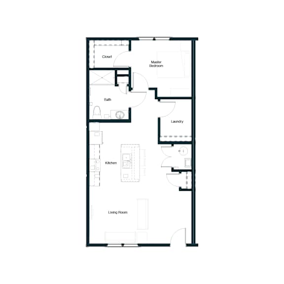A floor plan of a house with a living room, kitchen, bath, laundry, and closet.