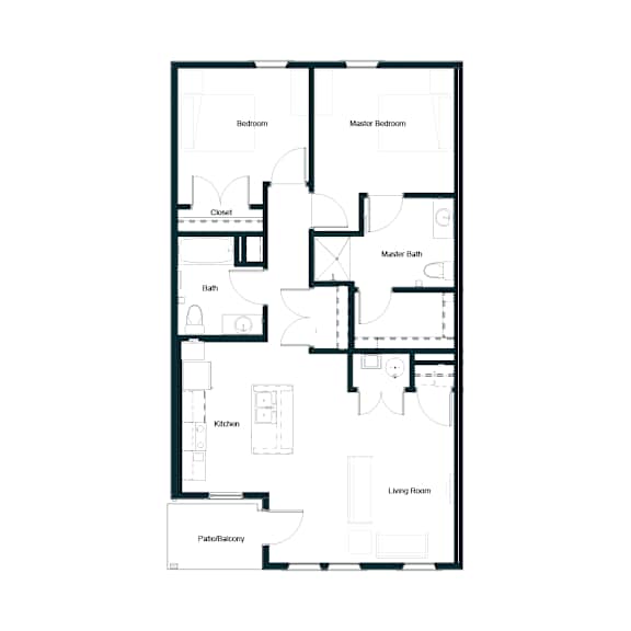 A floor plan of a house with a living room, kitchen, two bathrooms, two bedrooms, and a patio/balcony.