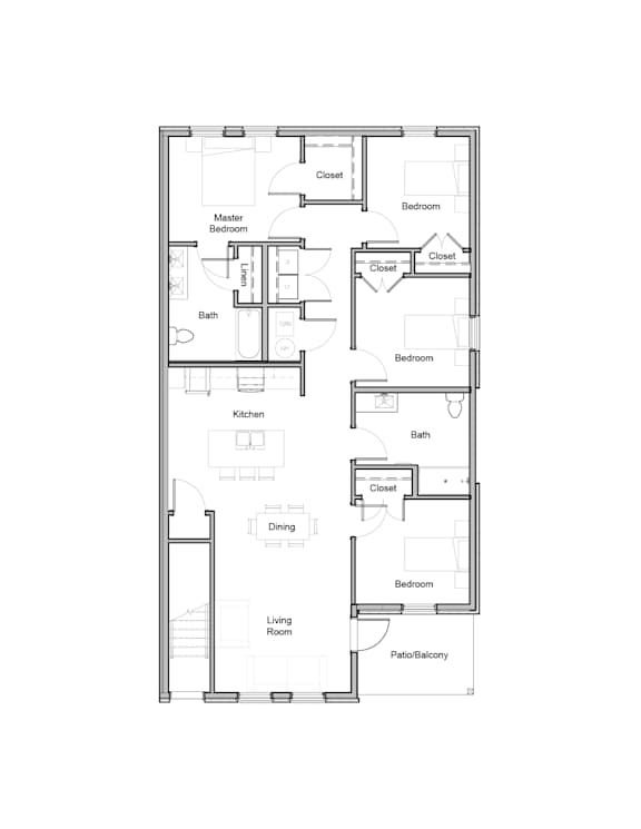 A floor plan of a house with a living room, dining room, kitchen, and three bedrooms.