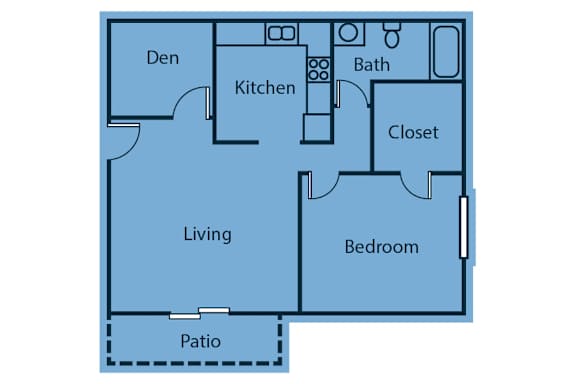 A floor plan of a house with a den, kitchen, living room, bedroom, bathroom, and closet.