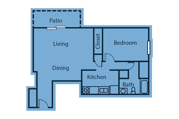A floor plan of a house with a living room, dining room, kitchen, bedroom, bathroom and patio.