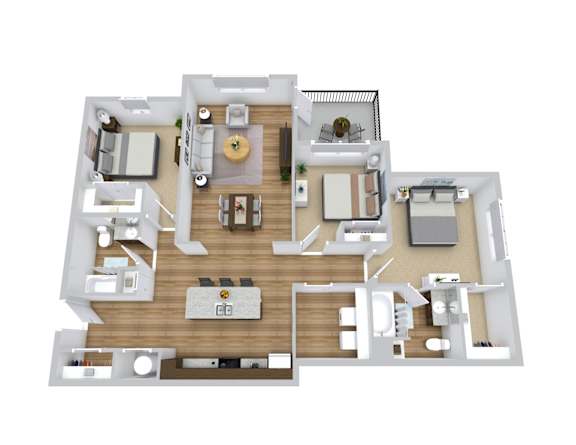 A 3D floor plan of a house showing the layout of the rooms.