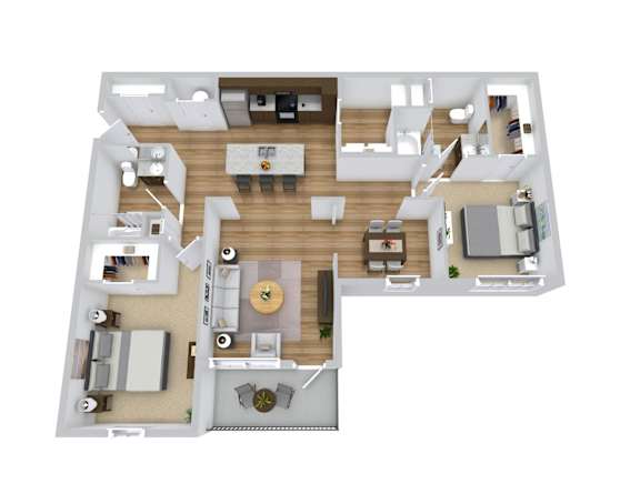 A top-down view of a house layout with a central open space and surrounding rooms.