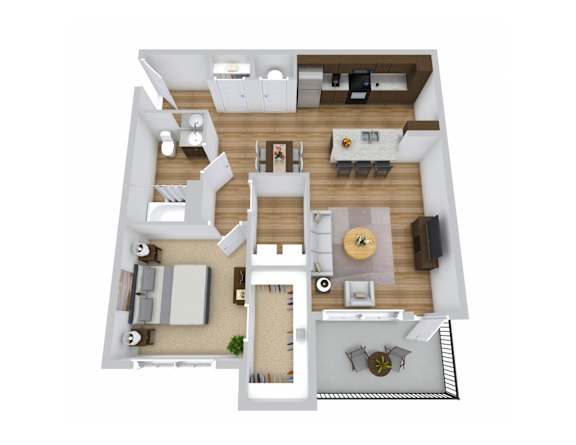 A top-down view of a modern apartment layout with a kitchen, living room, dining area, and a bedroom.