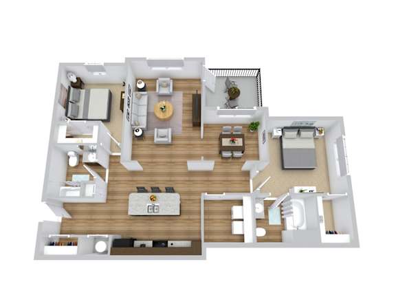 A 3D floor plan of a house with a kitchen, living room, dining room, and bedrooms.