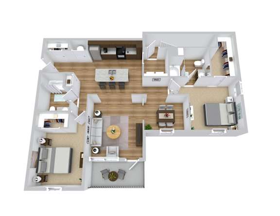 A top-down view of a house layout with a central kitchen area and surrounding rooms.