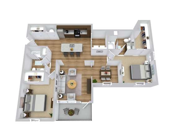 A 3D floor plan of a house with a kitchen, living room, dining room, and two bedrooms.
