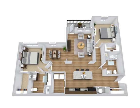 A top-down view of a house layout with a kitchen, living room, and dining area.