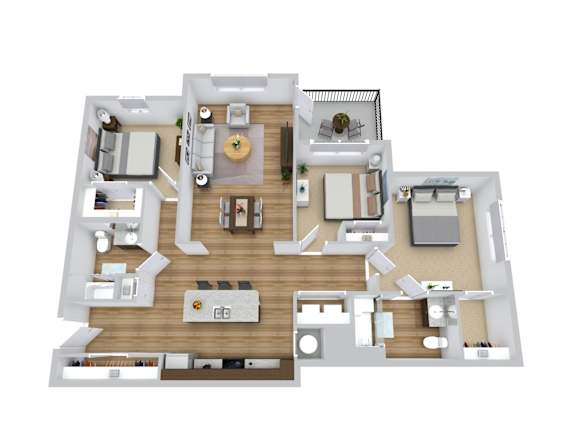 A 3D floor plan of a house showing the layout of the rooms.
