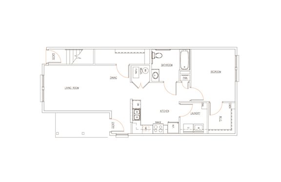 A floor plan of a house with a living room, kitchen, and bathroom.