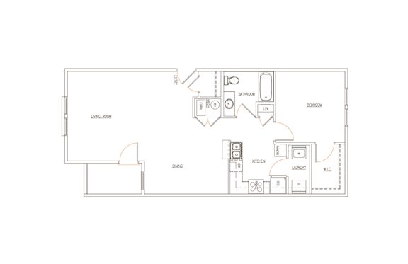 A floor plan of a kitchen with a dining area and a laundry room.