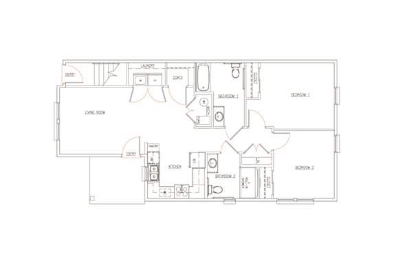 A floor plan of a house with two bedrooms, a living room, and a kitchen.