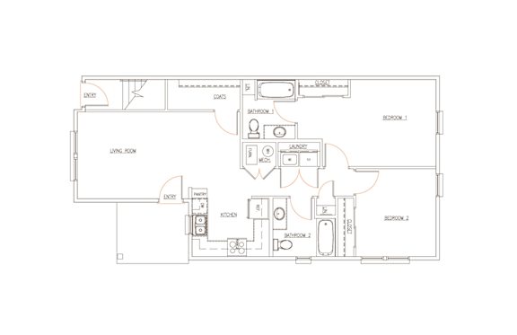 A floor plan of a house with two bedrooms, a living room, and a kitchen.