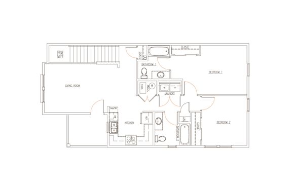 A floor plan of a house with two bedrooms and a living room.