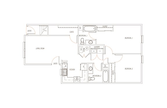 A floor plan of a house with two bedrooms and a living room.