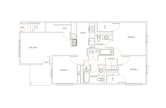 A floor plan of a house with labeled rooms and appliances.