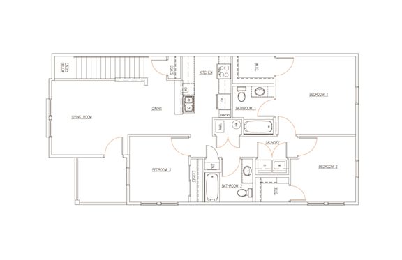 A floor plan of a house with three bedrooms and a living room.