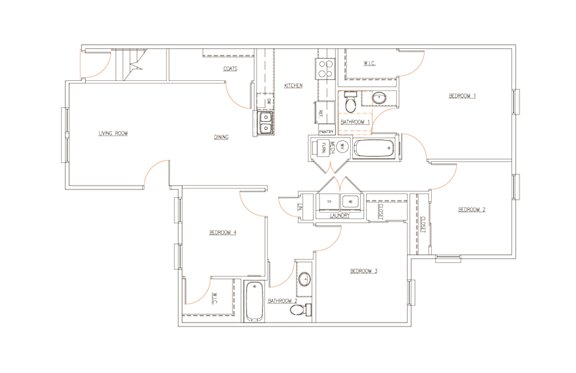 A floor plan of a house with labeled rooms and appliances.