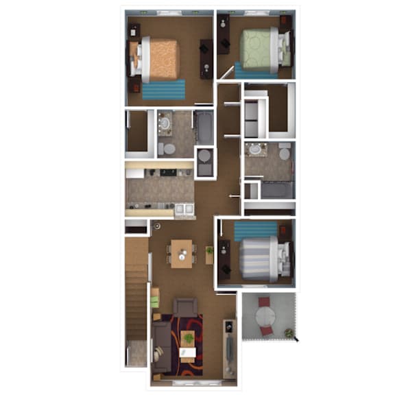 A floor plan of a small apartment with a kitchen, living room, and bathroom.
