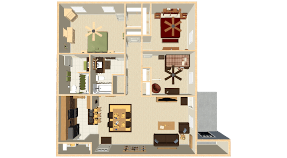 A floor plan of a house with a kitchen, living room, and dining area.